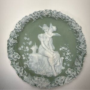 Vintage jasper ware green Relief Wall Plaque - cherub Garden scene